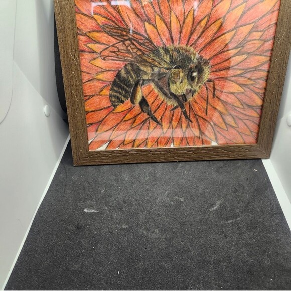 Handmade Framed Pencil Art Honey Bee Red Flower Original Colored Drawing - Picture 5 of 14